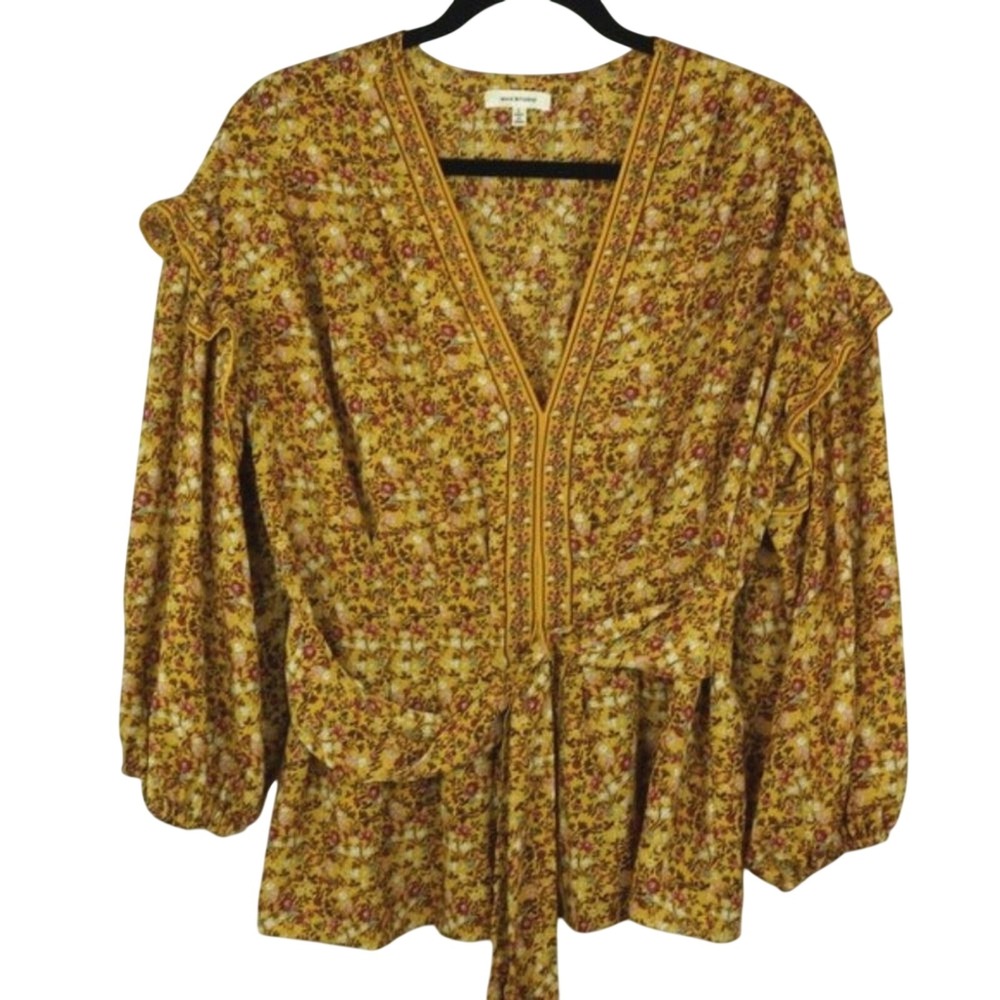 Max Studio Mustard Floral Ruffle Balloon Sleeve Tie Waist Blouse Top Womens L